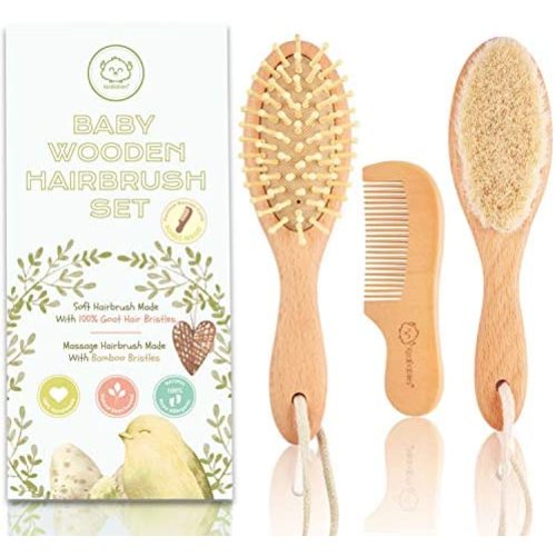 Baby Hair Brush and Comb Set for Newborn - Natural Wooden Hairbrush with Soft Goat Bristles for Cradle Cap - Perfect Scalp Grooming Product for Infant, Toddler, Kids - Baby Registry (Oval)