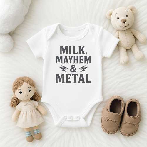Milk, Mayhem & Metal Baby Bodysuit | Funny Rock Baby Clothes | Edgy Infant Onesie for Music-Loving Parents | Baby Shower Gift Idea