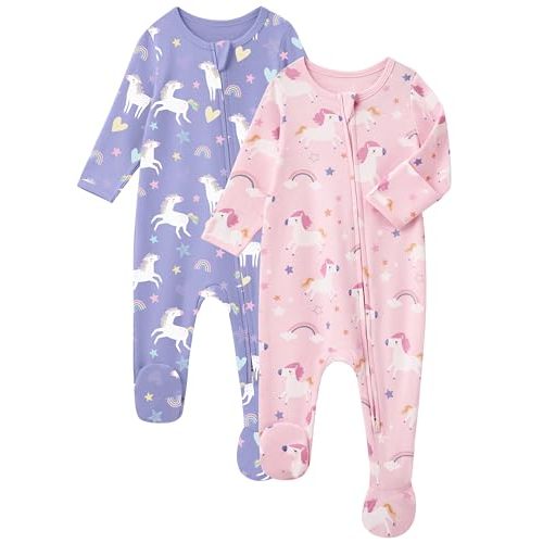 Baby Girl Sleepers 100% Cotton Footie Pajamas Newborn 0-3 3-6 6-9 Months with 2-Way Zipper, 2pcs PJs Baby Girl Clothes