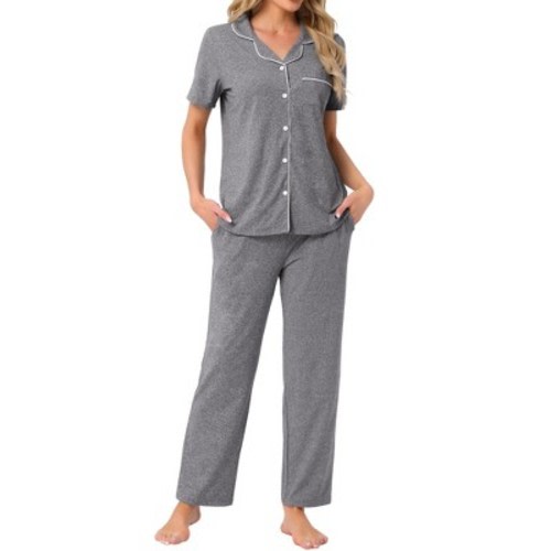 cheibear Women's Button Down Short Sleeve Shirt and Pants 2 Piece Pajama Set Loungewear Deep Grey X-Large