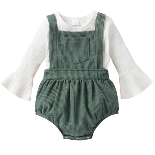Tiny Cutey Newborn Baby Girl Clothes Bell Sleeve Romper and Corduroy Overalls Shorts Infant Girl Fall Outfits