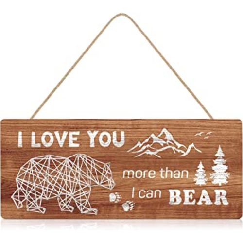 FWIEXA I Love You More Than I Can Bear Family Love Quote Wood Sign Plaque (13.4"x 5.5"), Rustic Handmade Bear String Art Sign, Woodland Wooden Wall Hanging Sign Decor for Baby room Nursery Farmhouse
