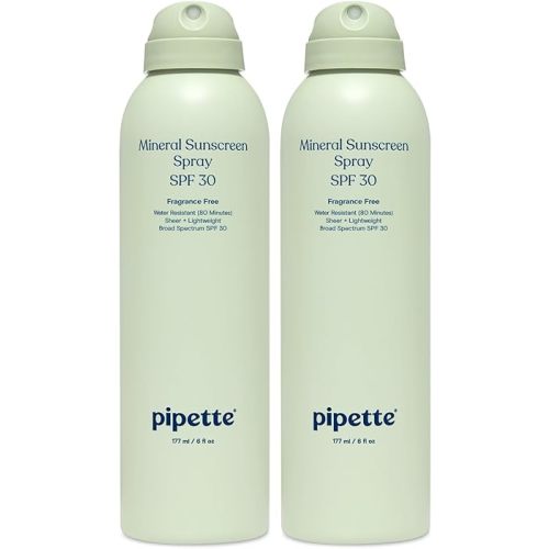 Pipette Baby Mineral Sunscreen Spray SPF 30, Broad Spectrum with Non-Nano Zinc Oxide, Water Resistant UVB/UVA Non-Toxic Sun Protection for Kids & Sensitive Skin, 6 oz (2 pack)