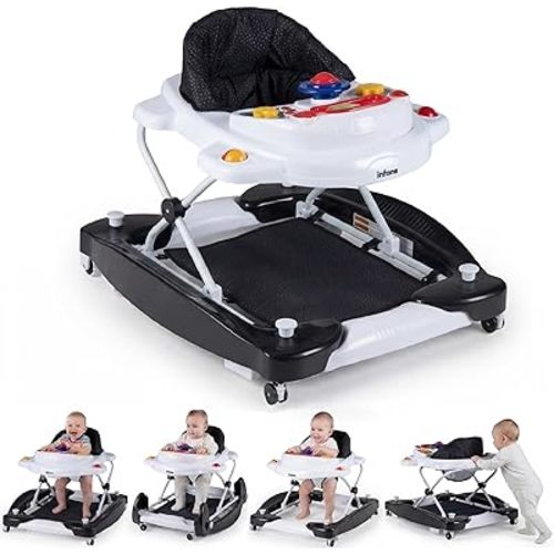 INFANS Baby Walker, 5 in 1 Behind Walker Learning Seated Rocker Bouncer with Removable Music Tray, Adjustable Height, Washable Seat Cushion, Foldable Activity Center for Toddlers (Dark)