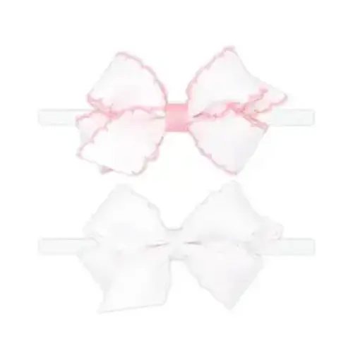 Wee Ones Girls' GIFT PACK Two Mini Moonstitch Grosgrain Bows on Skinny Nylon Band, Mini, Light Pink and White