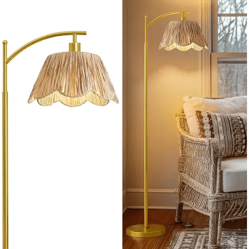 Oneach Arc Floor Lamp for Living Room,Rattan Boho Floor Lamp with Hand-Woven Shade, Foot Switch,Gold Metal Base & Pole,Farmhouse Standing Lamp for Bedroom Corner,Reading