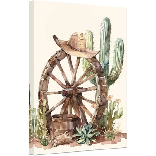 SWQYLB Baby Cowboy Wall Art Cowboy Hat Pictures Cactus Canvas Prints Western Cowboy Theme Nursery Wall Decor Framed (Brown, (12.00" x 18.00"))