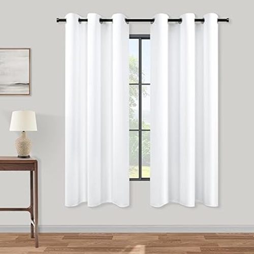 KOUFALL White Curtains 63 Inch Length 2 Panels Set Grommet Lightweight 60-70% Blackout Energy Saving Opaque Semi Black Out Simple Curtains for Bedroom Living Room