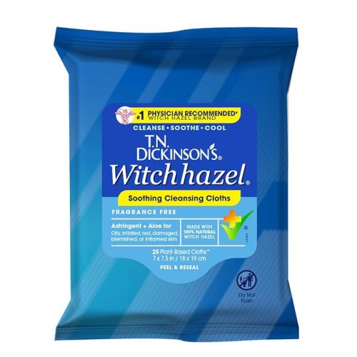 T.N. Dickinson's Witch Hazel Soothing Cleansing Cloths | Removes Dirt, Oil, Impurities | For Oily, Irritated, Red, Damaged, Blemished, Sensitive Skin | 25 Total Wipes
