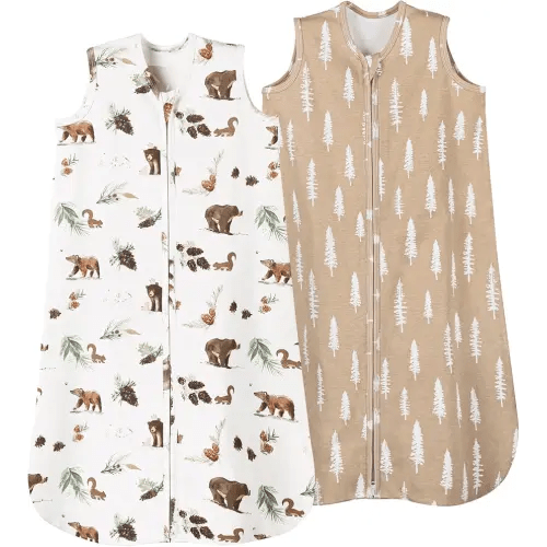 david's kids 100% Organic Cotton Baby Sleep Sack 0-6 Months, Soft Baby Wearable Blankets with 2-Way Zipper, 2 Pack Comfy Sleeping Bags for Infant Newborn Boys Girls Neutral, Small Size, Woodland