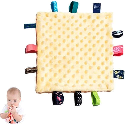 HECCEI Baby Cozy Plush Tag Blanket, 10 10 inchs with Colorful Tags, Infant Appease Blankets for 3-12 Months (Yellow)