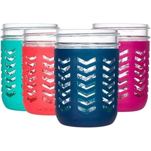 JarJackets Silicone Mason Jar Protector Sleeve - Fits Ball, Kerr 16oz (1 pint) WIDE-Mouth Jars | Package of 4 (Multicolor) …