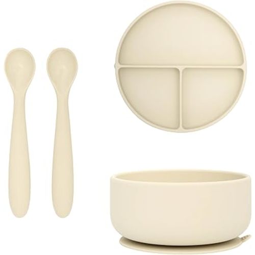 dollop Silicone Plate, Bowl, and Spoon Set for Babies - BPA Free, Dishwasher Safe, Suction Base (Sand)