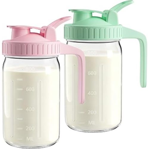 Mason Jar Pitcher Set of 2, 32oz(1quart) Glass Breast Milk Pitcher with Lid
