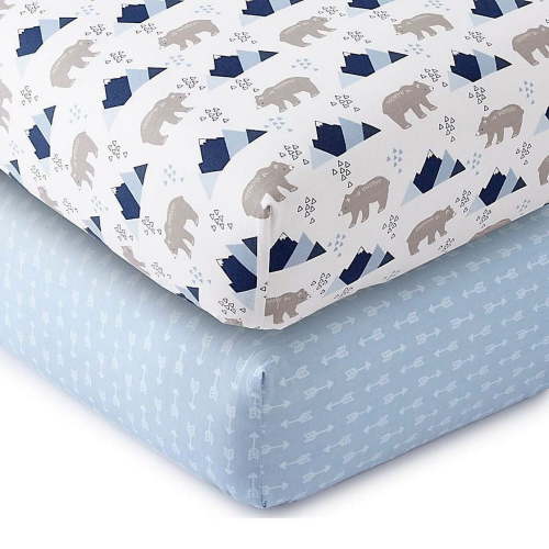Levtex Baby - Trail Mix Crib Fitted Sheet Set of 2 - Fits Standard Crib and Toddler Mattress - Bears and Mountains / Arrows - Blue, Grey and White - Nursery Accessories - 100% Cotton