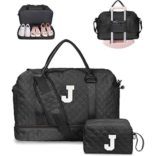 Personalized Initial Duffel Bag, Black, Medium, Polyester, 12" x 7" x 2"