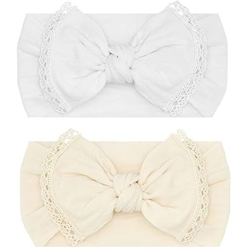 Baby Bling Bows - Newborn to Little Baby Girl Bows, 2 Pack Nylon Super Soft Stretchy Knot Toddler Headbands, Perfect Hair Accessories Head Bands for Infant Kids(White & Oat)