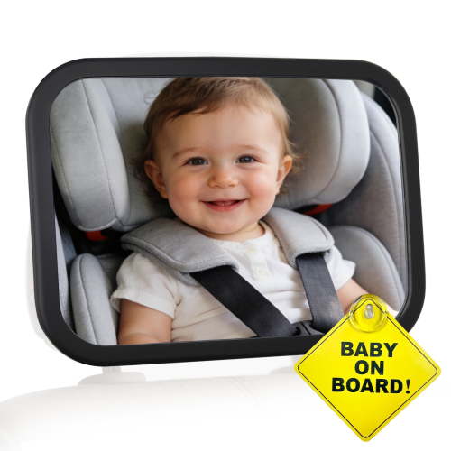 Baby Car Mirror Rear Facing, Shatterproof Safety Certified Infant Car Mirror for Back Seat, Universal Car Seat Mirror with Secure Strap & Buckle, Includes Free "Baby on Board" Sticker