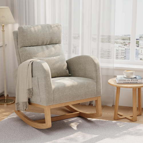 Rocking Glider Chair with Side Pockets and Pillow, Nursery Accent Chair, for Living Room Bedroom Nursing Room, Light Gray