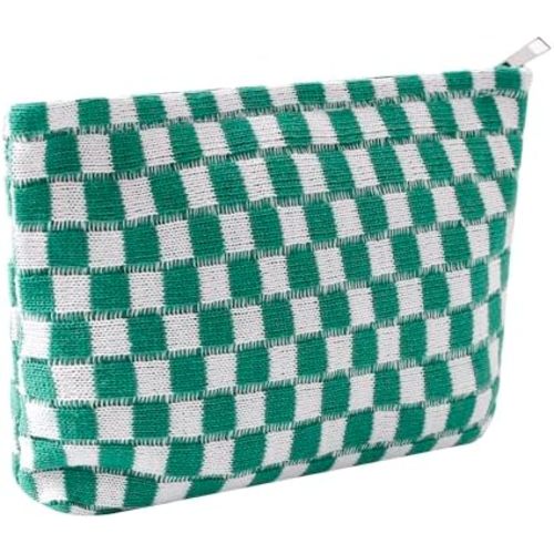 Cosmetic Bags for Women - Corduroy Cosmetic Bag Aesthetic Women Handbags Purses Smile Dots Makeup Organizer Storage Makeup Bag Girls Case Bags (Q-Checkered green)