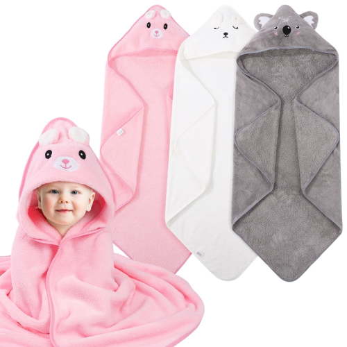 KABOER 3 Pack Hooded Baby Towels, Large 31.49"x31.49" Ultra Soft Baby Bath Towels with Cute Animal Designs, Absorbent Towels for Newborns, Infants & Toddlers, Machine Washable