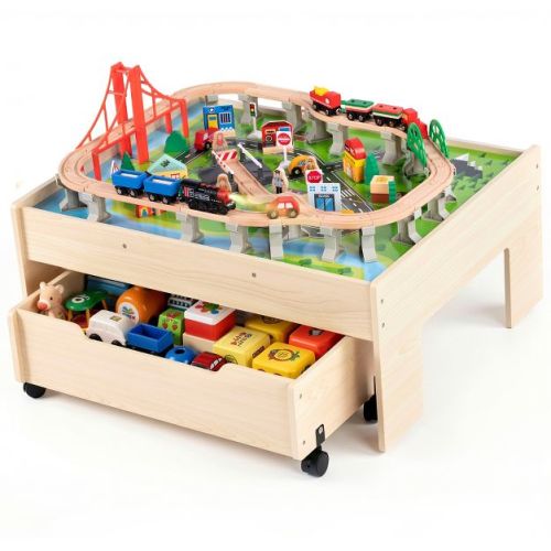 100-Piece Wooden Train Table Set for Kids with Reversible Top, Rolling Storage Drawer, Electric Engine, Ages 3+