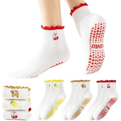BISOUSOX Pilates Socks Cute Grippy Socks Woman, Ruffle Frilly Grip Ankle Lettuce Dress Yoga Non Slip Sock Size 5 7-9