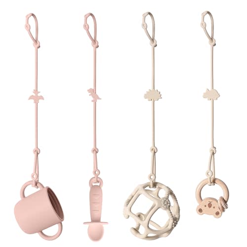 Andy Bear Toy Straps for Baby Toy Safety Straps Silicone High Chair Toy Straps Toddler Bottle Straps for Strollers, High Chair, Cribs, Car Seat, Stroller Accessories, Dinosaur Toys Straps 4PK Blush