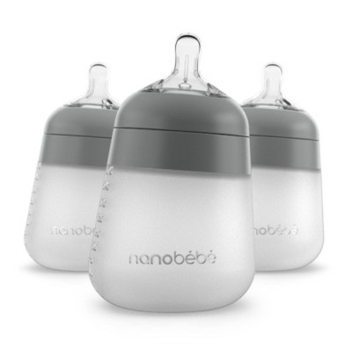 nanobebe Flexy Silicone Baby Bottle Anti-Colic Nipple, Soft Body, Stable Base - Gray - 9oz/3pk