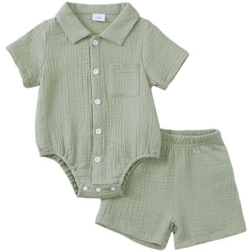 Jecson Newborn Boy Clothes Baby Boy Outfits Summer Cotton 2 Piece Set with Button Down Bodysuit and Shorts 0-18M