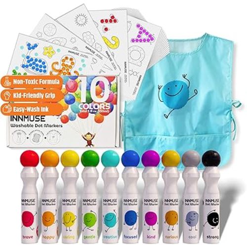 10-Color Washable Dot Markers for Toddlers, Bingo Daubers for Kids, Mess-Free Dot Paint Set with Smock, Activity Sheets & Printable PDF, Preschool Arts & Crafts Kit