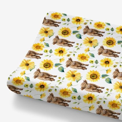 HawSkgFub Highland Cow Boho Floral Changing Pad Cover for Baby Girls, Western Farm Animal Retro Flower Diaper Change Table Covers, Soft Stretchy Safe Snug Fitted Changing Mat Sheet Fit 32"/34" x 16"