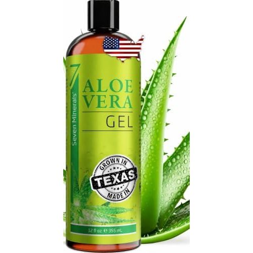 Seven Minerals Pure Aloe Vera Gel, 98.7% Organic Aloe from Freshly Cut Texas Leaves, Not Powder - 12 oz - Clear, Unscented, Non-Sticky, Vegan - Face, Skin & Hair Moisturizer, After Sun Relief