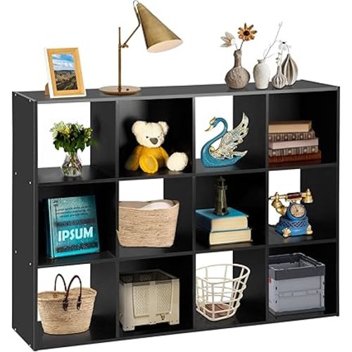SUPER DEAL 12 Cube Storage Organizer, Open Shelf Bookcase, Wood Cubical Shelves Closet Cabinet Display Unit with 6 Removable Back Panels for Living Room Bedroom, 47 inch Wide, Black