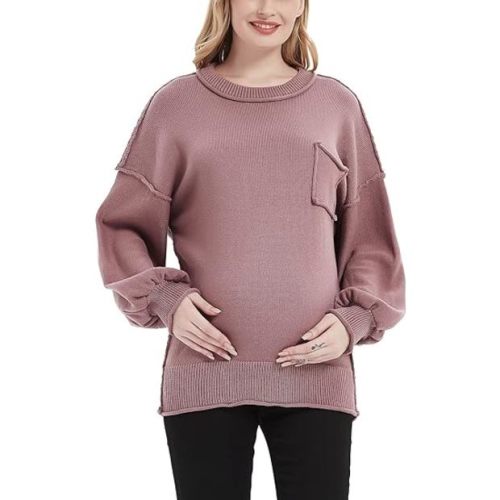 Bhome Maternity  Sweater Loose Knit Pullover Round Neck Drop Shoulder Lantern Sleeve Pocket Pregnancy Top