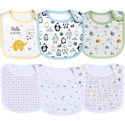 Maiwa 6 Pack Waterproof Cotton Baby Bibs with Snaps for baby boys girls teething drooling and feeding