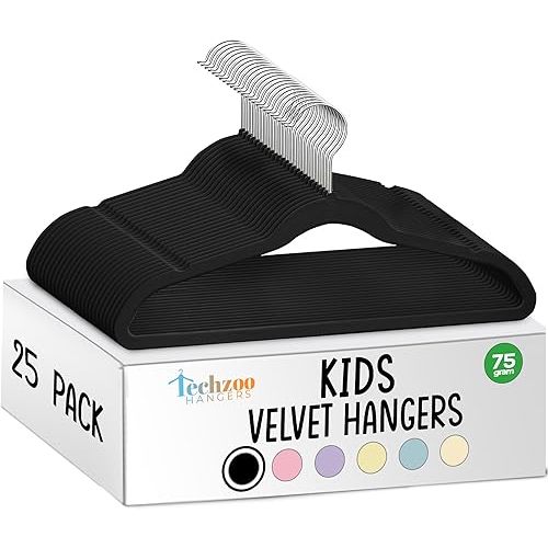 25 Premium Kids Velvet Hangers - 14" Non-Slip Clothes Hangers for Kids & Preteens - Ultra Slim, Space-Saving, Strong & Durable Hangers with 360° Swivel Hook - Black