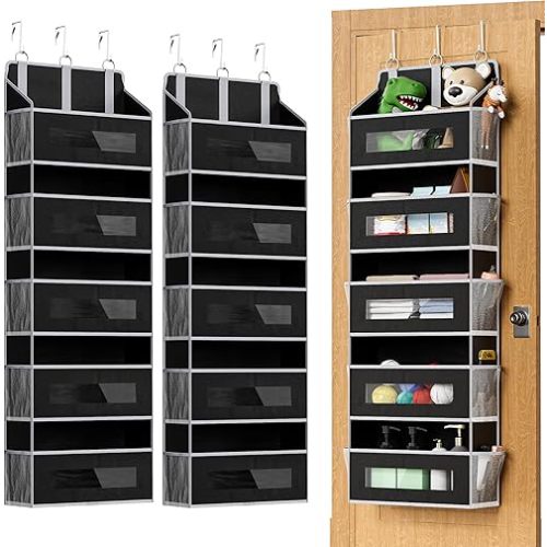2 Packs 5-Tier Over the Door Storage Organizer with 10 Side Mesh Pockets, 48 lbs Load Capacity, 3 Hooks Design, Hanging Organizer with Clear Windows for Bathroom, Bedroom, Nursery, Kitchen-Black