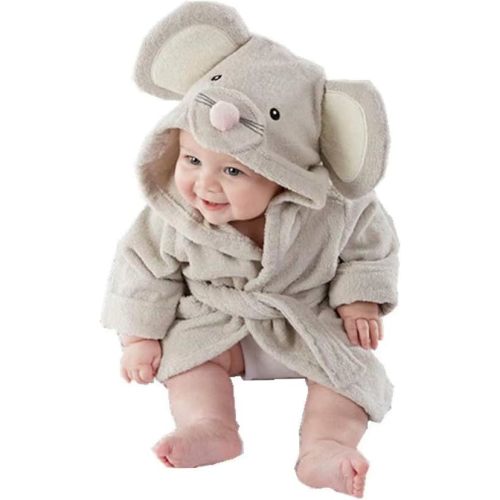 Baby Bath Robe Mouse Style Hooded Cotton Baby Bathrobe with Ears Absorbent Warm Skin-Friendly Robe with Waist Tie for Home, Shower Gifts