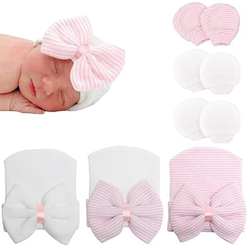 DRESHOW BQUBO Newborn Hospital Hat and Mittens Infant Baby Beanie Soft Cotton Cute Knot Nursery Cap for 0-3 Months Girls Boys
