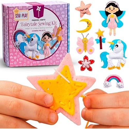 Pinwheel Crafts Beginner Sewing Kit for Kids Ages 5 6 7 8-12+ - Make Your Own Fairytale Characters Kids Sewing Kit - Play & Learn to Sew Craft Box, Girls & Boys Birthday Gifts