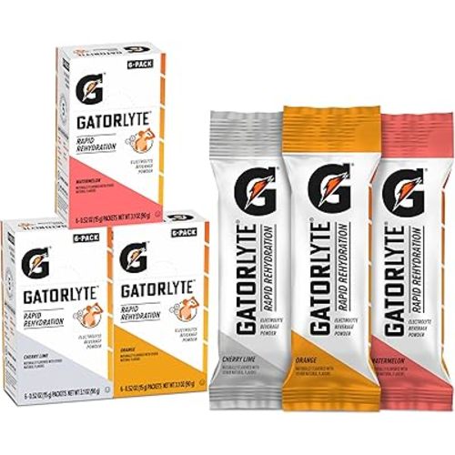 Gatorlyte Rapid Rehydration Electrolyte Beverage, Variety Pack, Lower Sugar, Specialized Blend of 5 Electrolytes, No Artificial Sweeteners or Flavors, 18 pack, 1 pack mixes with 16.9oz (500ml) water