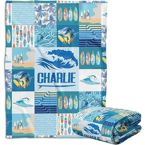 Surfer Baby Blankets - Personalized & Custom Blue Plush Beach Swaddle Blankets for Newborns to Toddlers