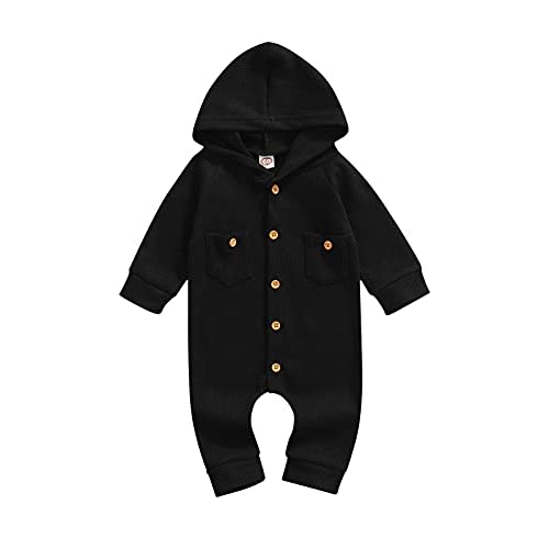 Ynibbim Winter Newborn Baby Boy Girl Solid Romper Unisex Infants Hooded Outfit Clothes Waffle Cotton Button Jumpsuits