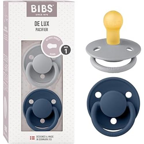 BIBS De Lux Baby Pacifier 2-Pack | Made in Denmark | BPA Free Dummy Soother, Round Nipple. Natural Rubber Latex, Size 1 (0-6 Months), Cloud/Steel Blue