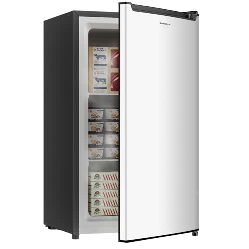 BANGSON 2.1 Cu.ft Upright Freezer, Compact Mini Freezer with Reversible Door, Adjustable Thermostat, Removable Shelves, Energy-Saving Small Freezer for Dorm/Office/Apartment, Silver