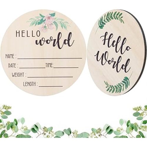 Baby Announcement Sign for Newborn Birth: Wooden Hello World Name Sign for Hospital - Round Floral Welcome Baby Board for New Boy and Girl Gifts
