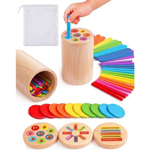 Wooden Montessori Toys for 1, 2,3 Year Old | 3 in 1 Fine Motor Skills , Learning Color Matching Sorting Sensory - Christmas, Birthdays for Toddler Boy Girls - 18 Month