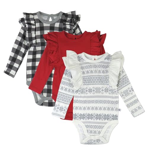 3 Pack Long Sleeve Side Snap Ruffle Shoulder Bodysuit 100% Organic Cotton for Infant Baby and Toddler Girls