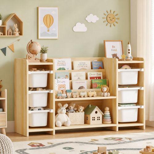 Ebern Designs Pine Wood Montessori Kids Bookshelf Toy Storage Organizer with 3-Tier Shelves & 6 Toy Bins, Storage Cabinet for Playroom, Nursery, Classroom & Daycare | Wayfair